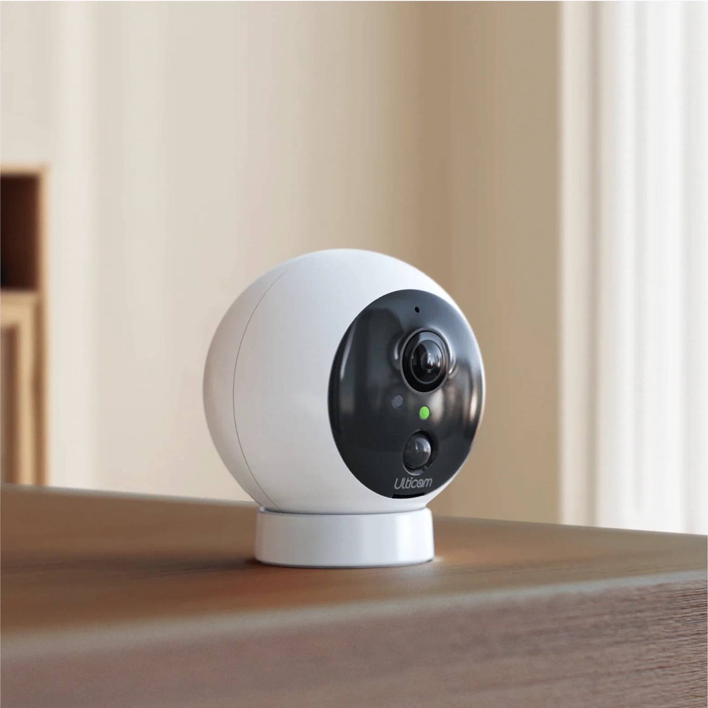 Ulticam IQ 2K UHD 6 pack smart security cameras with AI detection and night vision, compact wireless indoor/outdoor surveillance system on table mount.