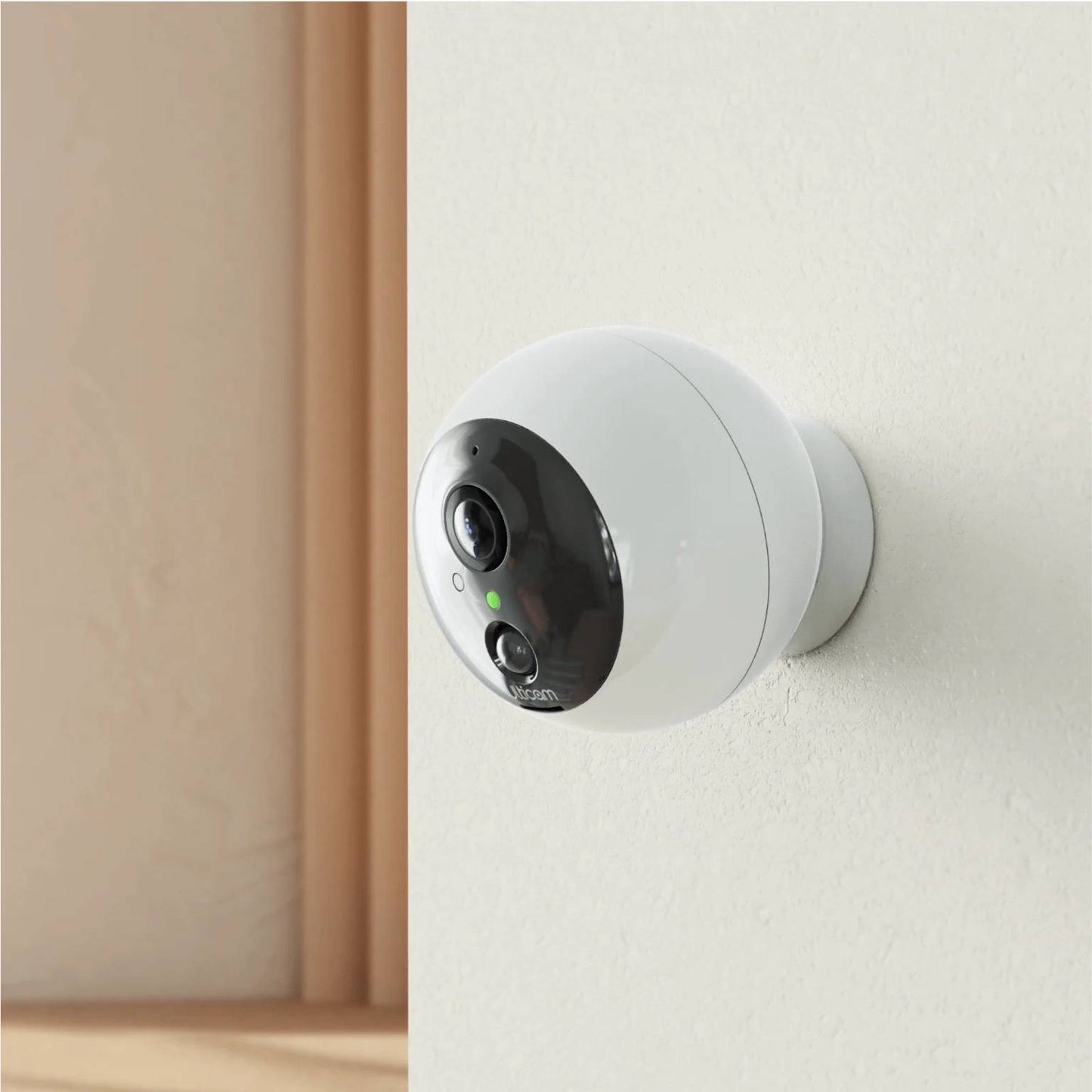 Ulticam IQ 2K UHD Smart Security Camera 6 Pack wall mounted indoors with WiFi connectivity, AI motion alerts, and night vision surveillance.
