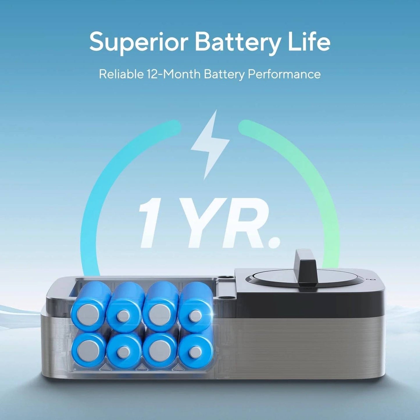 Ultraloq Bolt Fingerprint Smart Lock battery pack showcasing superior 12-month battery life with reliable one-year performance.