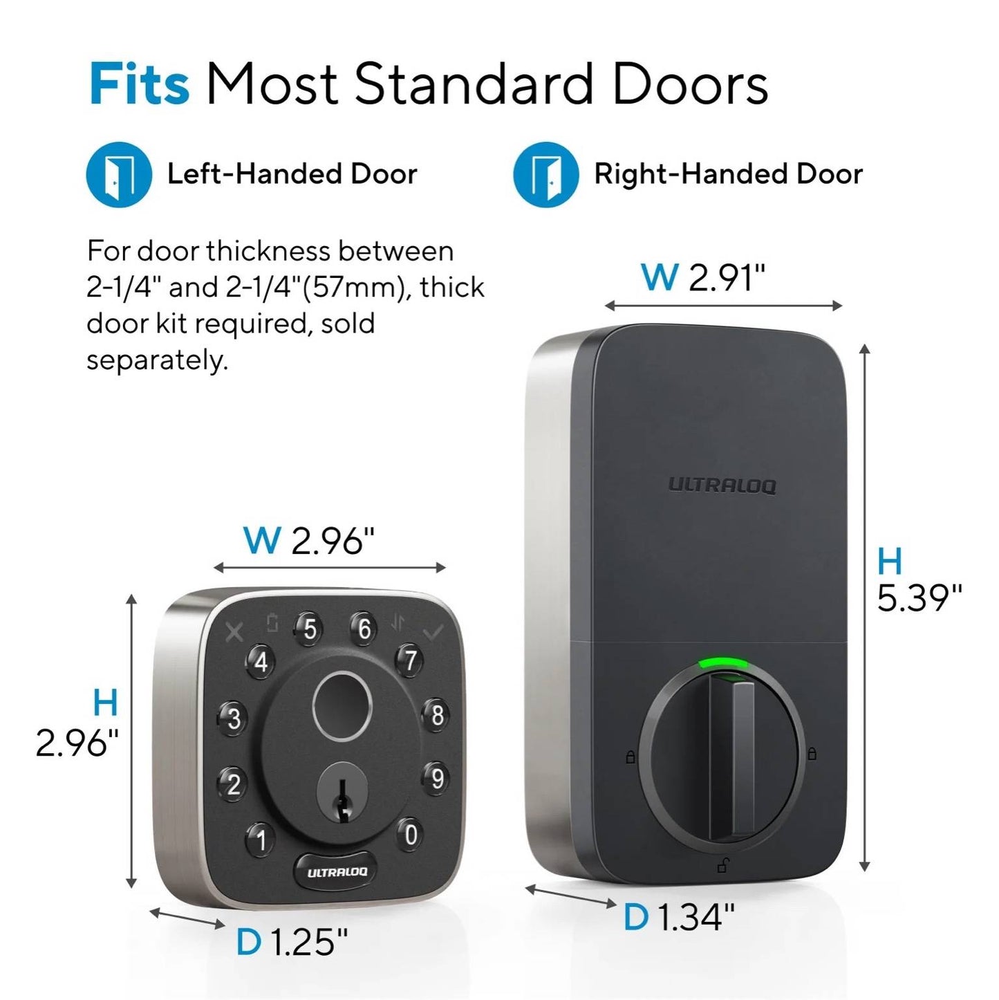 Ultraloq Bolt Fingerprint Smart Lock dimensions chart showing compatibility with most standard doors, works with left-handed and right-handed doors, front keypad 2.96 x 2.96 x 1.25 inches, back deadbolt 5.39 x 2.91 x 1.34 inches.