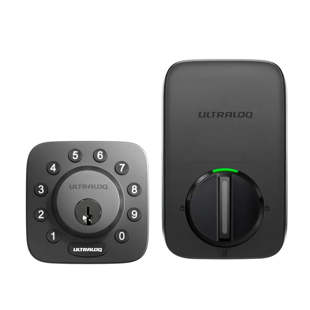 Ultraloq U-Bolt Bluetooth Smart Deadbolt in black finish with keypad front and interior lock unit.