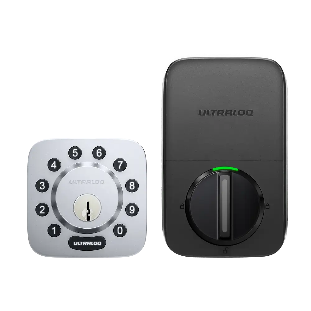 Ultraloq keyless entry smart lock with silver keypad and black electronic deadbolt for front door security, WiFi-enabled digital door lock with backup key access.