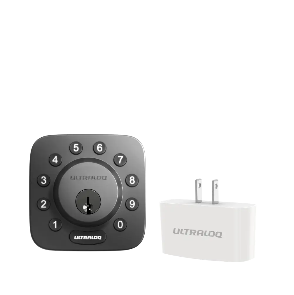 Ultraloq U-Bolt Bluetooth Smart Deadbolt with WiFi Bridge adapter, keypad lock and wireless bridge shown together.