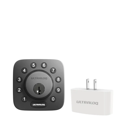 Ultraloq U-Bolt Bluetooth Smart Deadbolt with WiFi Bridge adapter, keypad lock and wireless bridge shown together.