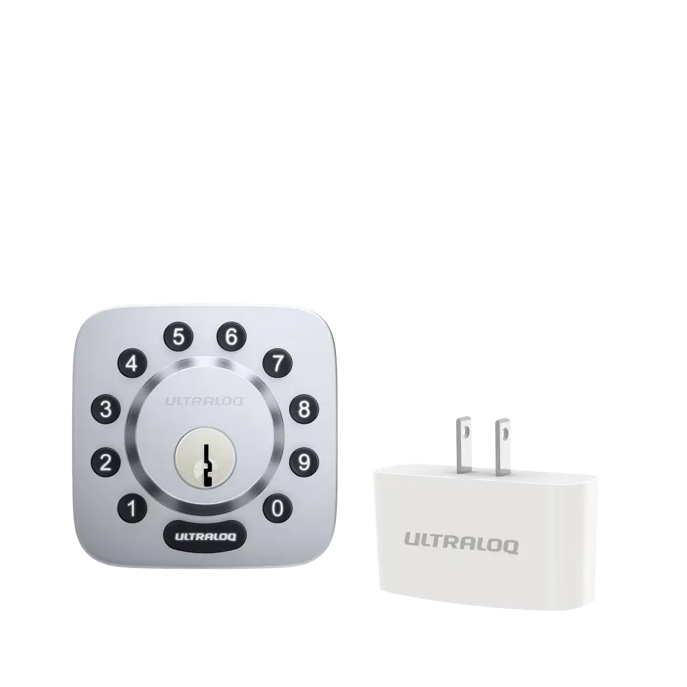 Ultraloq U-Bolt Bluetooth + WiFi Bridge Smart Deadbolt in silver finish with keypad and wireless bridge adapter.