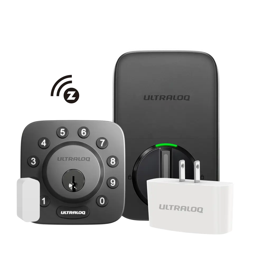 Ultraloq U-Bolt Z-Wave + WiFi Bridge Smart Deadbolt in black finish – keyless entry smart lock with keypad, interior unit, WiFi bridge, and door sensor