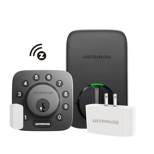 Ultraloq U-Bolt Z-Wave + WiFi Bridge Smart Deadbolt in black finish – keyless entry smart lock with keypad, interior unit, WiFi bridge, and door sensor