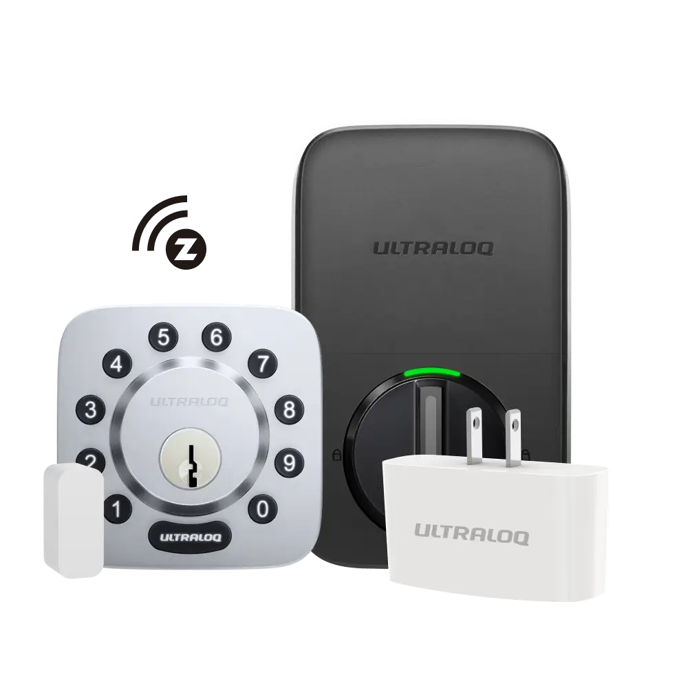 Ultraloq smart lock silver keypad deadbolt with WiFi bridge and door sensor – keyless entry lock with remote access and smart home integration.