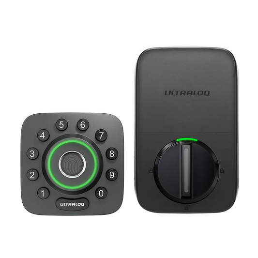 Ultraloq U-Bolt Pro Bluetooth Smart Lock front keypad with fingerprint scanner and back deadbolt mechanism in sleek black finish.