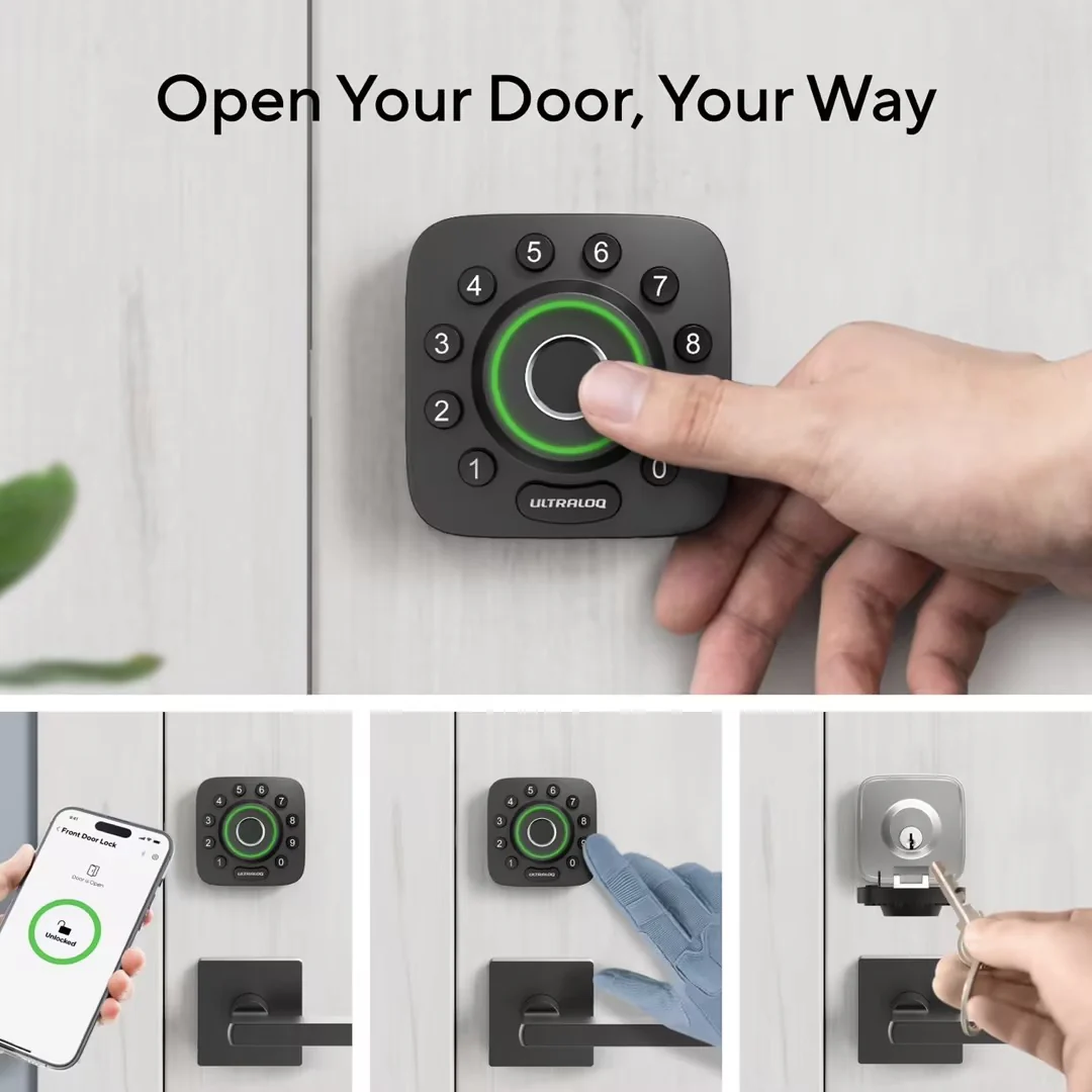 Ultraloq U-Bolt Pro Series smart lock showing multiple unlocking methods including fingerprint scan, smartphone app, keypad entry, and mechanical key option.