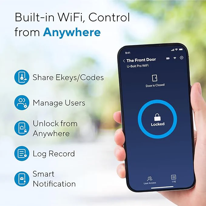 Ultraloq U-Bolt Pro Series smart lock app interface showing WiFi control features including remote unlocking, user management, activity logs, and smart notifications.