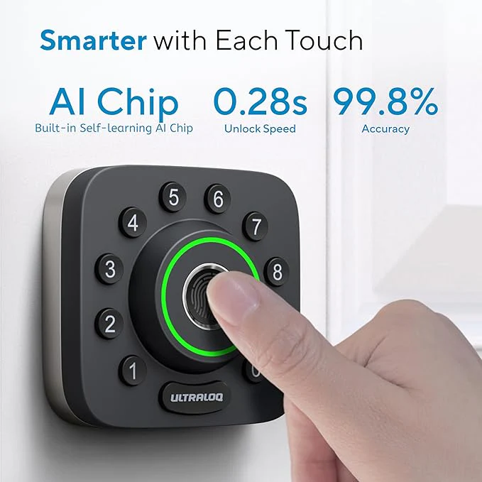 Ultraloq U-Bolt Pro Series smart lock fingerprint scanner with AI chip for 0.28-second unlock speed and 99.8% accuracy.