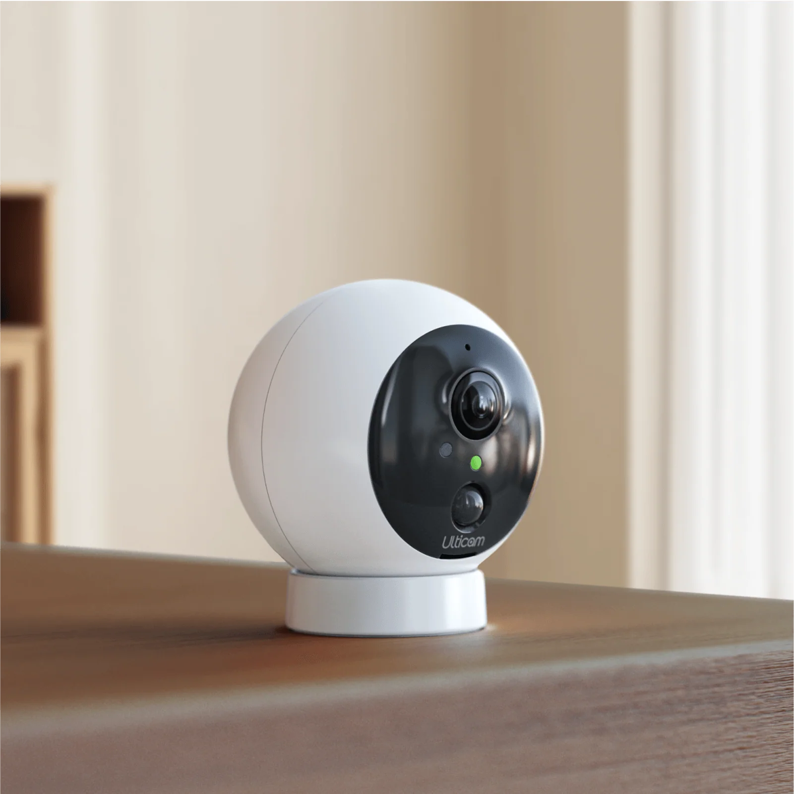 Ulticam Dot indoor smart security camera mounted on desk for home monitoring.