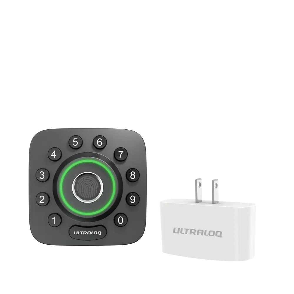 Ultraloq U-Bolt Pro Series Smart Deadbolt with Bluetooth and WiFi Bridge, featuring keypad with fingerprint scanner and included WiFi bridge adapter.