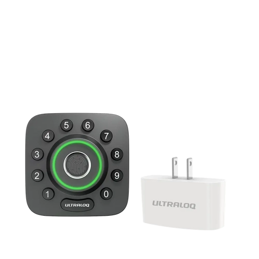 Ultraloq U-Bolt Pro Series Smart Deadbolt with Bluetooth and WiFi Bridge, featuring keypad with fingerprint scanner and included WiFi bridge adapter.