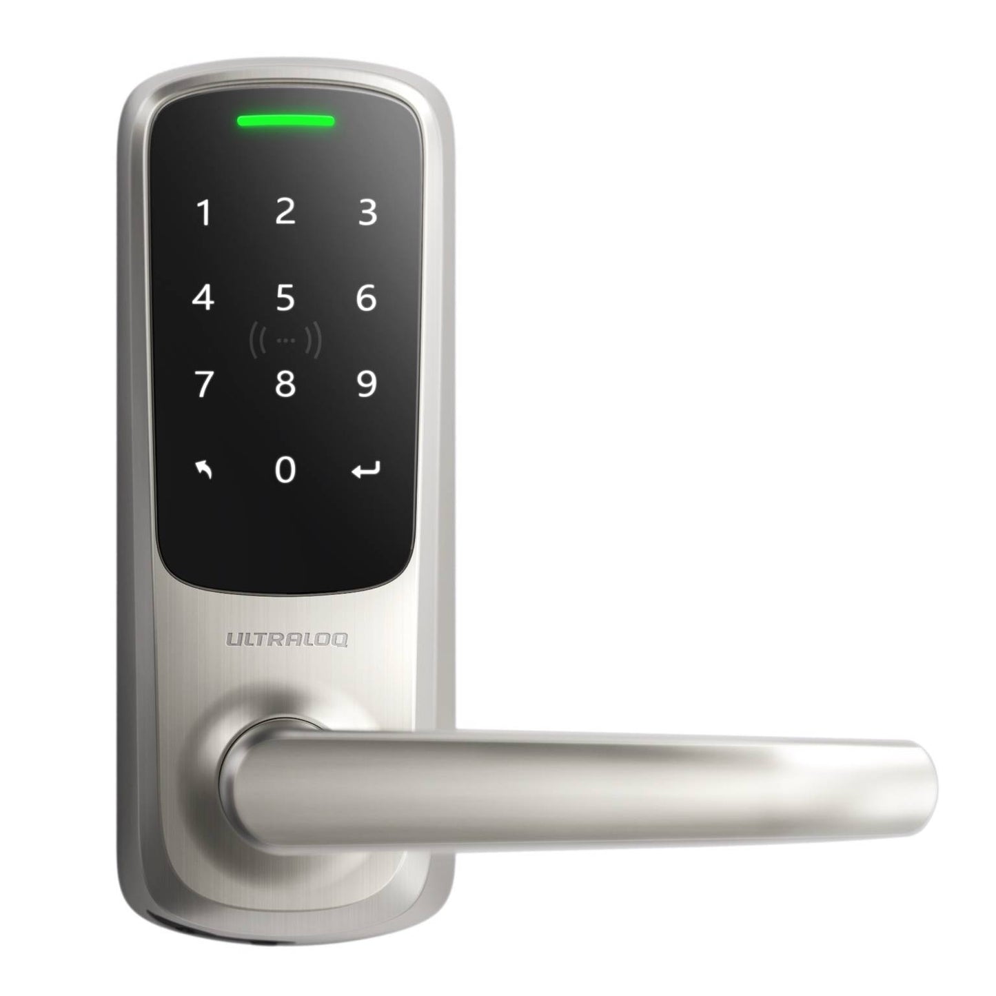Ultraloq Latch 5 NFC Smart Lock in Satin Nickel finish – keyless door entry with built-in WiFi, NFC smartphone access, illuminated keypad, and sleek modern lever handle.