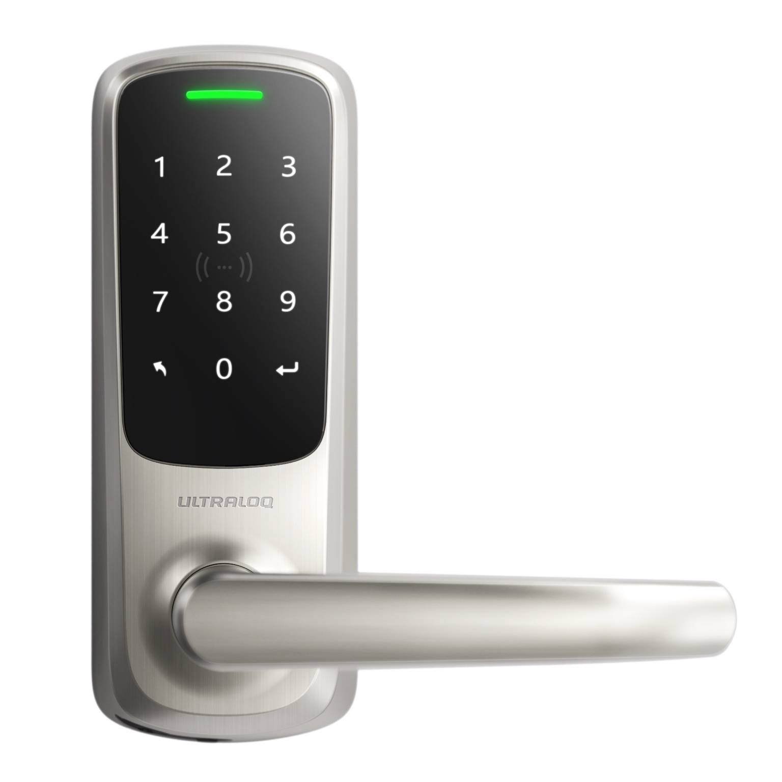 Ultraloq Latch 5 NFC Smart Lock in Satin Nickel finish – keyless door entry with built-in WiFi, NFC smartphone access, illuminated keypad, and sleek modern lever handle.