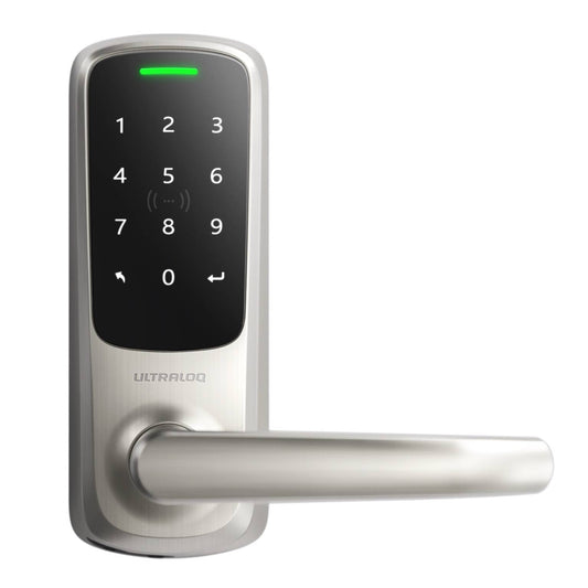 Ultraloq Latch 5 NFC Smart Lock in Satin Nickel finish – keyless door entry with built-in WiFi, NFC smartphone access, illuminated keypad, and sleek modern lever handle.
