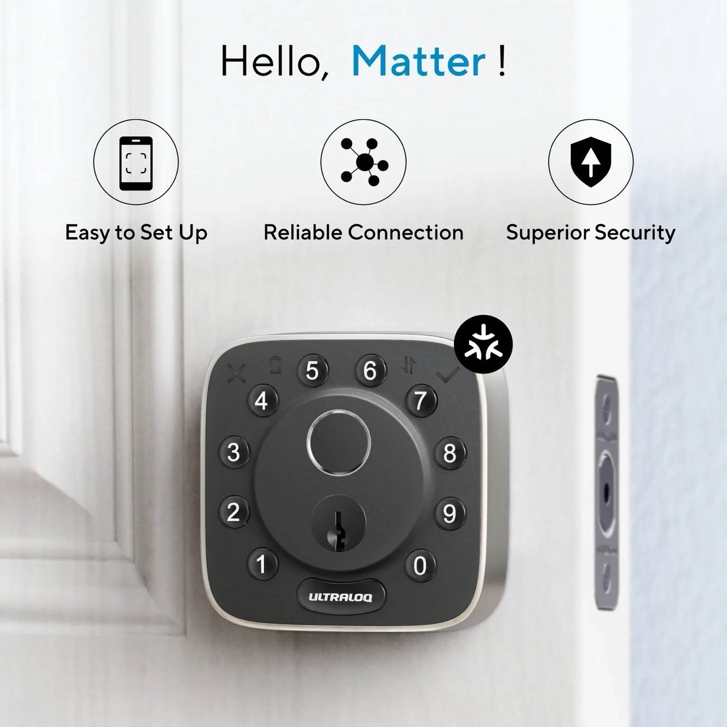 Ultraloq Bolt Fingerprint Matter Smart Lock installed on door, featuring easy setup, reliable Matter connection, and superior security with biometric keyless entry.