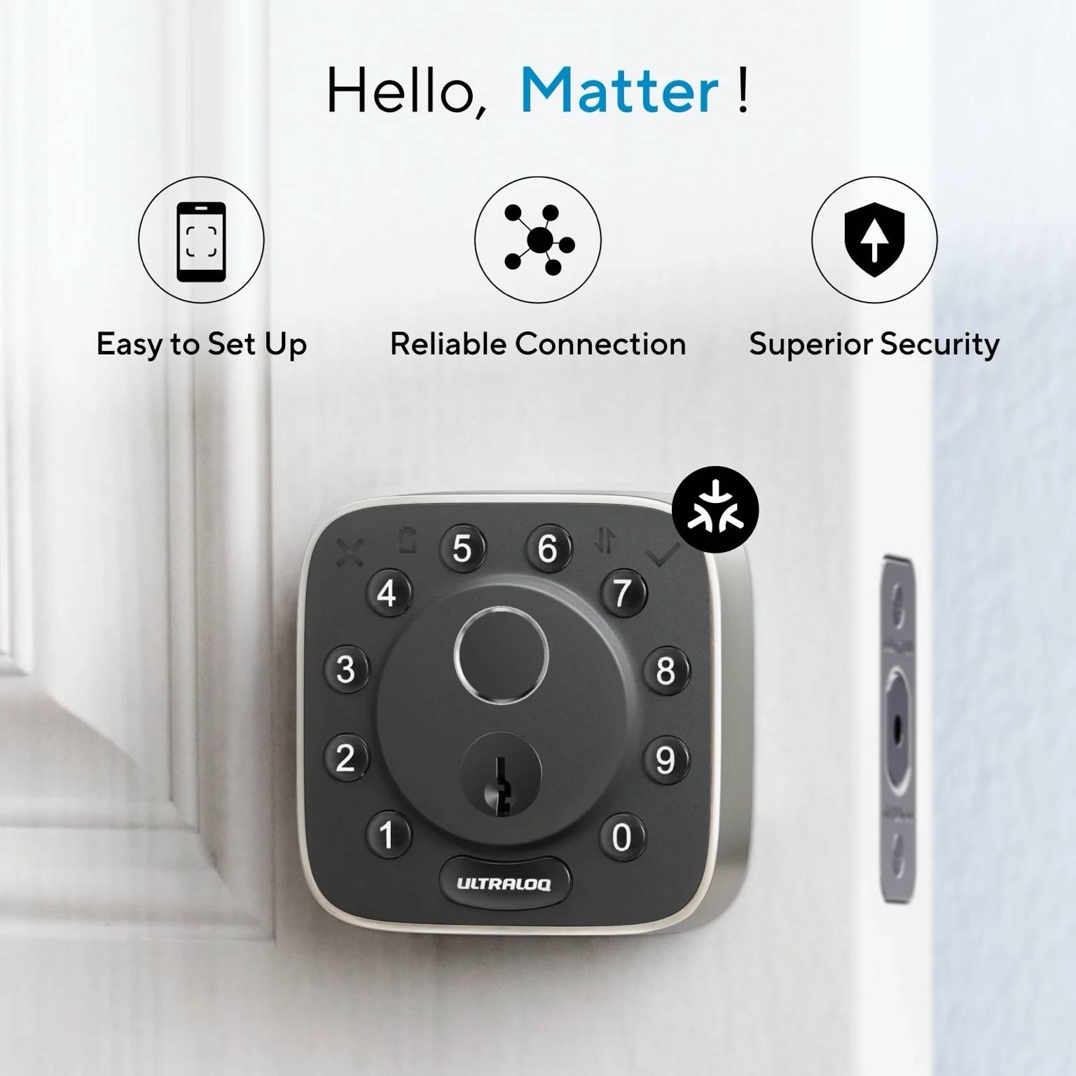 Ultraloq Bolt Fingerprint Matter Smart Lock installed on door, featuring easy setup, reliable Matter connection, and superior security with biometric keyless entry.