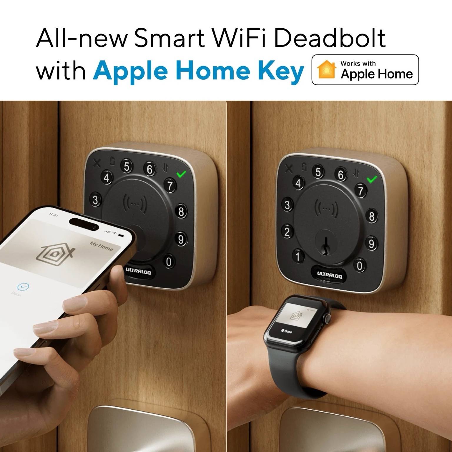 Ultraloq Bolt NFC Smart Lock with Apple Home Key and WiFi – Keyless entry deadbolt shown unlocking with iPhone and Apple Watch on wooden door.
