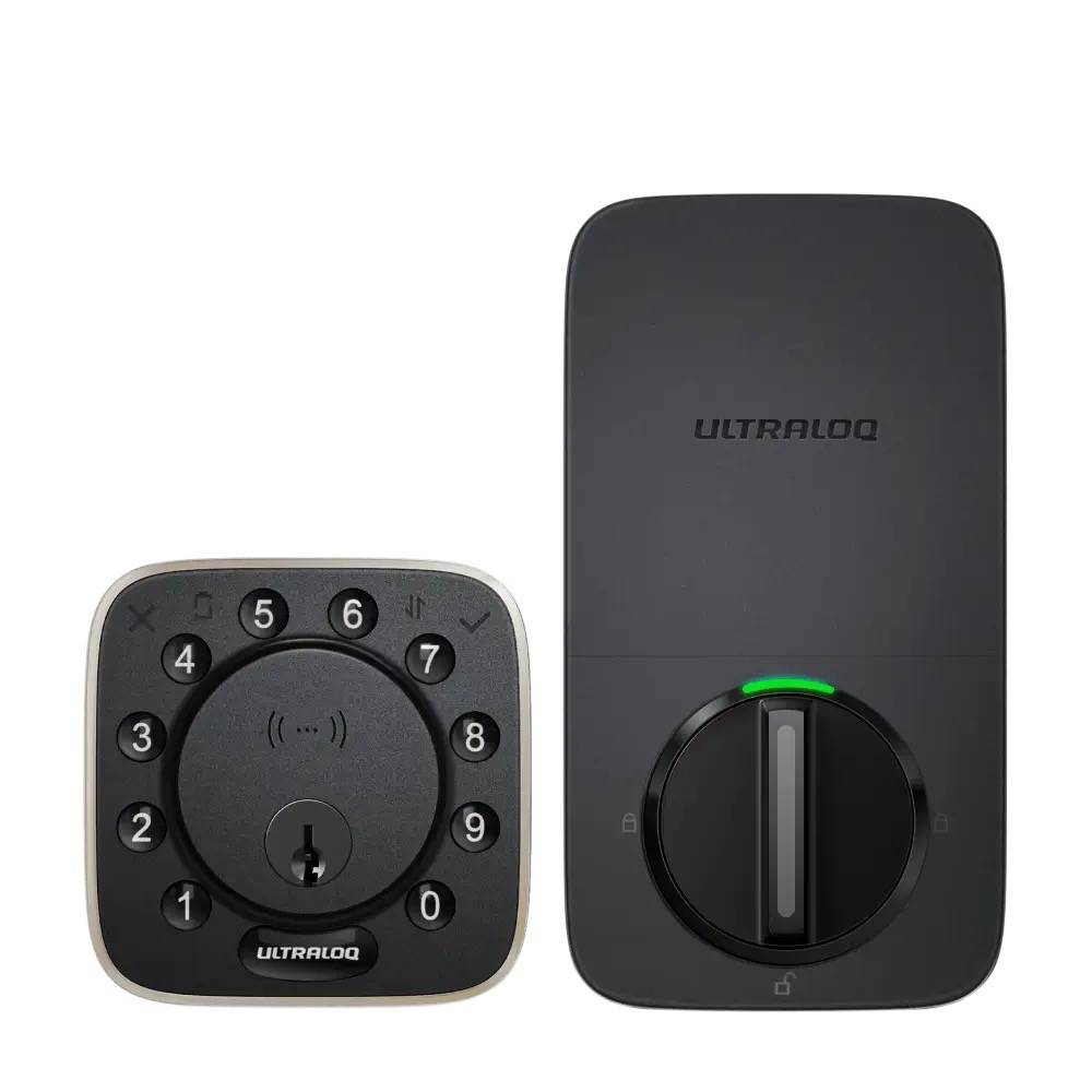 Ultraloq Bolt NFC Smart Lock with Apple Home Key and built-in WiFi, front and back view of keyless entry deadbolt for smart home security.