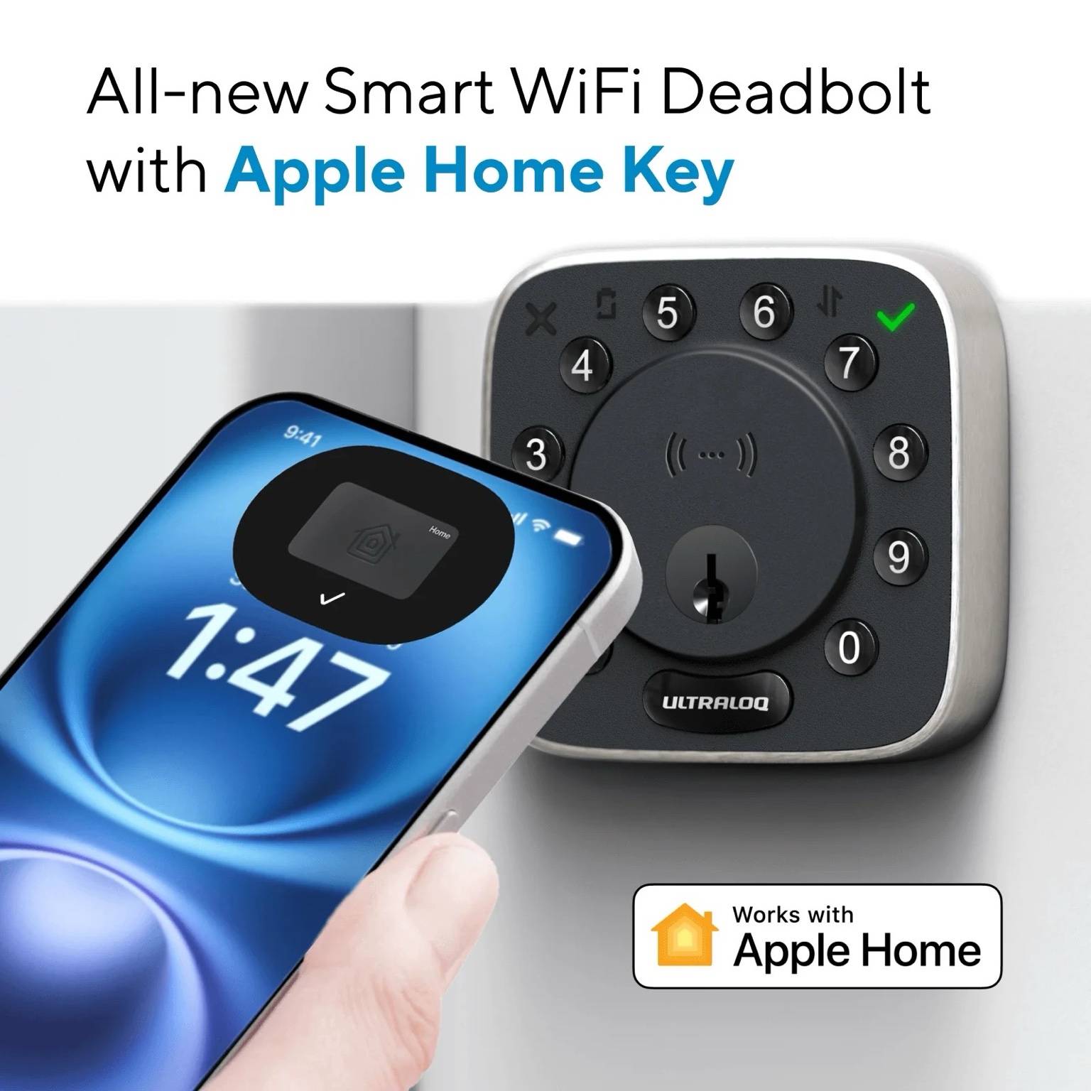 Ultraloq Bolt NFC Smart Lock with Apple Home Key and WiFi – keyless entry deadbolt unlocked using iPhone for smart home access.