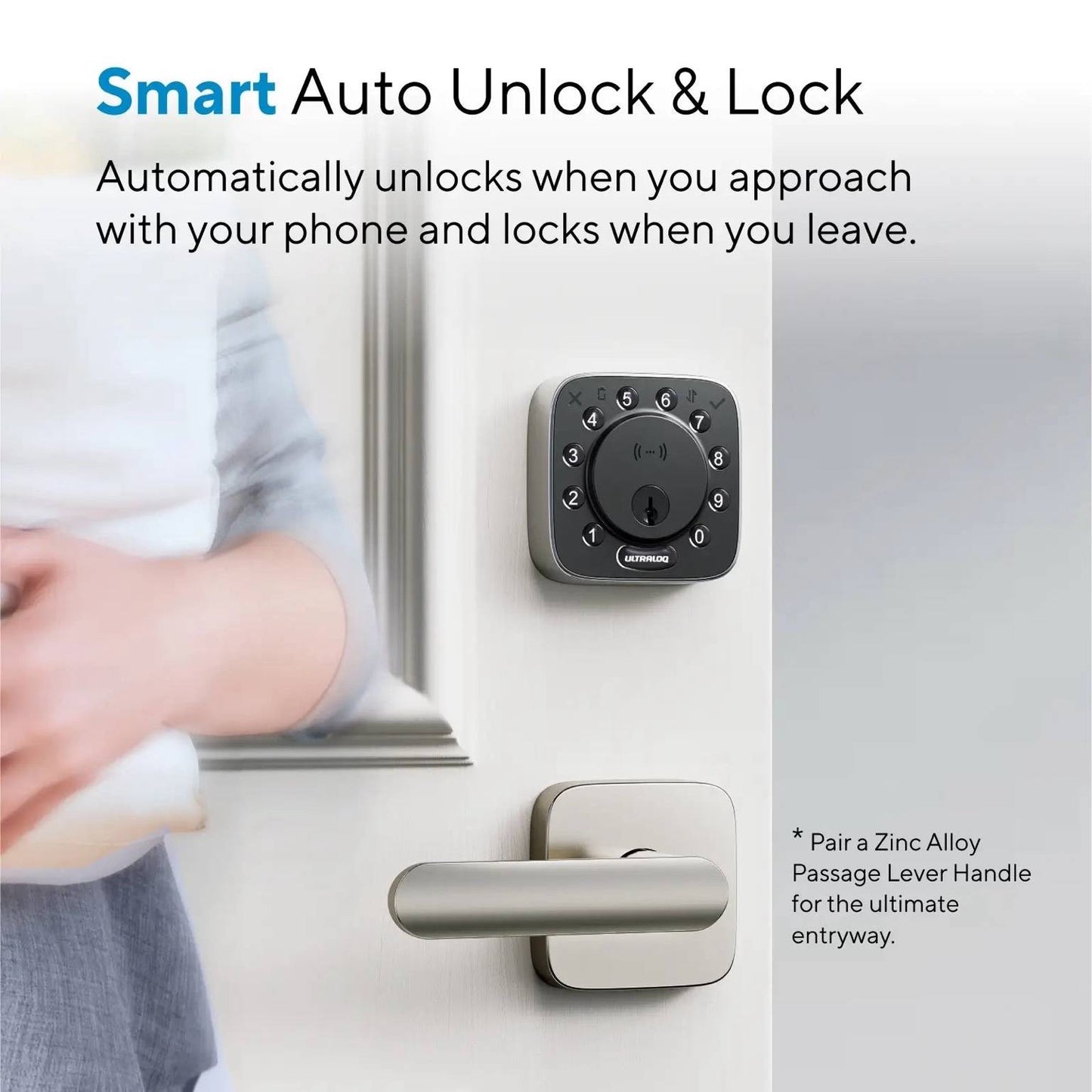 Ultraloq Bolt NFC Smart Lock with smart auto unlock and lock feature, automatically securing the door when you leave and unlocking with your phone as you approach, shown with optional zinc alloy lever handle.
