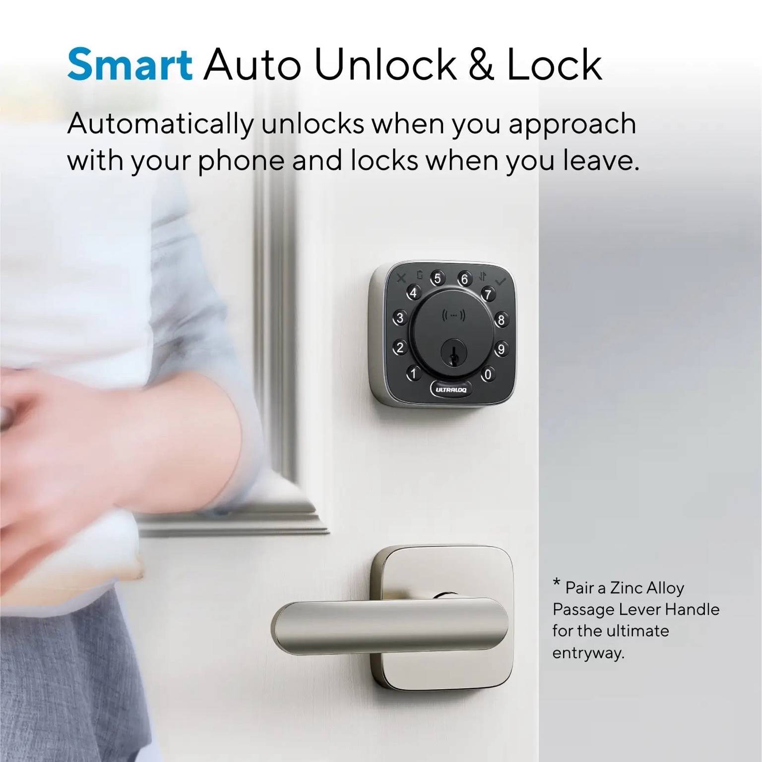 Ultraloq Bolt NFC Smart Lock with smart auto unlock and lock feature, automatically securing the door when you leave and unlocking with your phone as you approach, shown with optional zinc alloy lever handle.