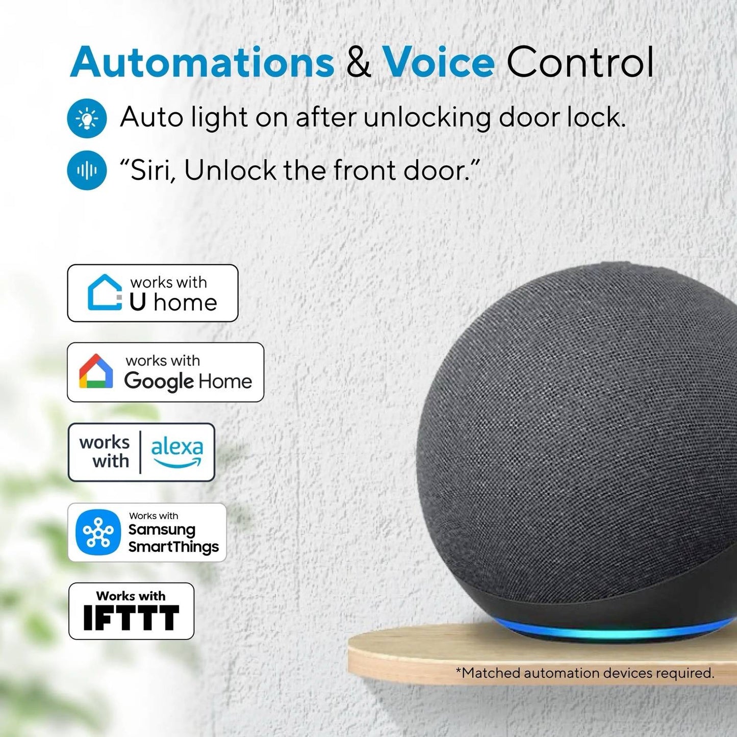 Ultraloq Bolt NFC Smart Lock with voice control automation, compatible with Alexa, Google Home, Siri, Samsung SmartThings, and IFTTT for smart home integration.