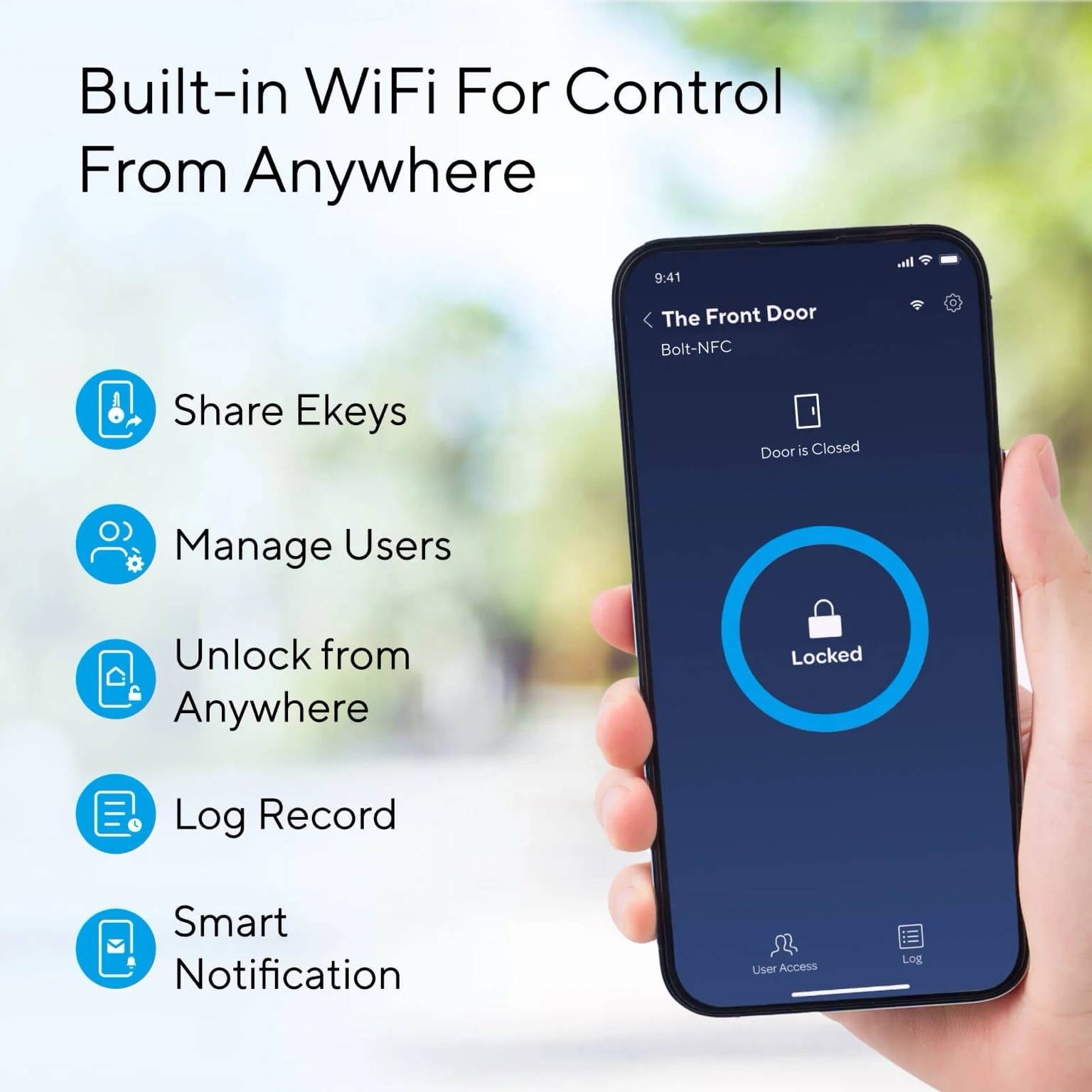 Ultraloq Bolt NFC Smart Lock mobile app interface – WiFi-enabled deadbolt with eKey sharing, user management, remote unlocking, activity log, and smart notifications for home security.