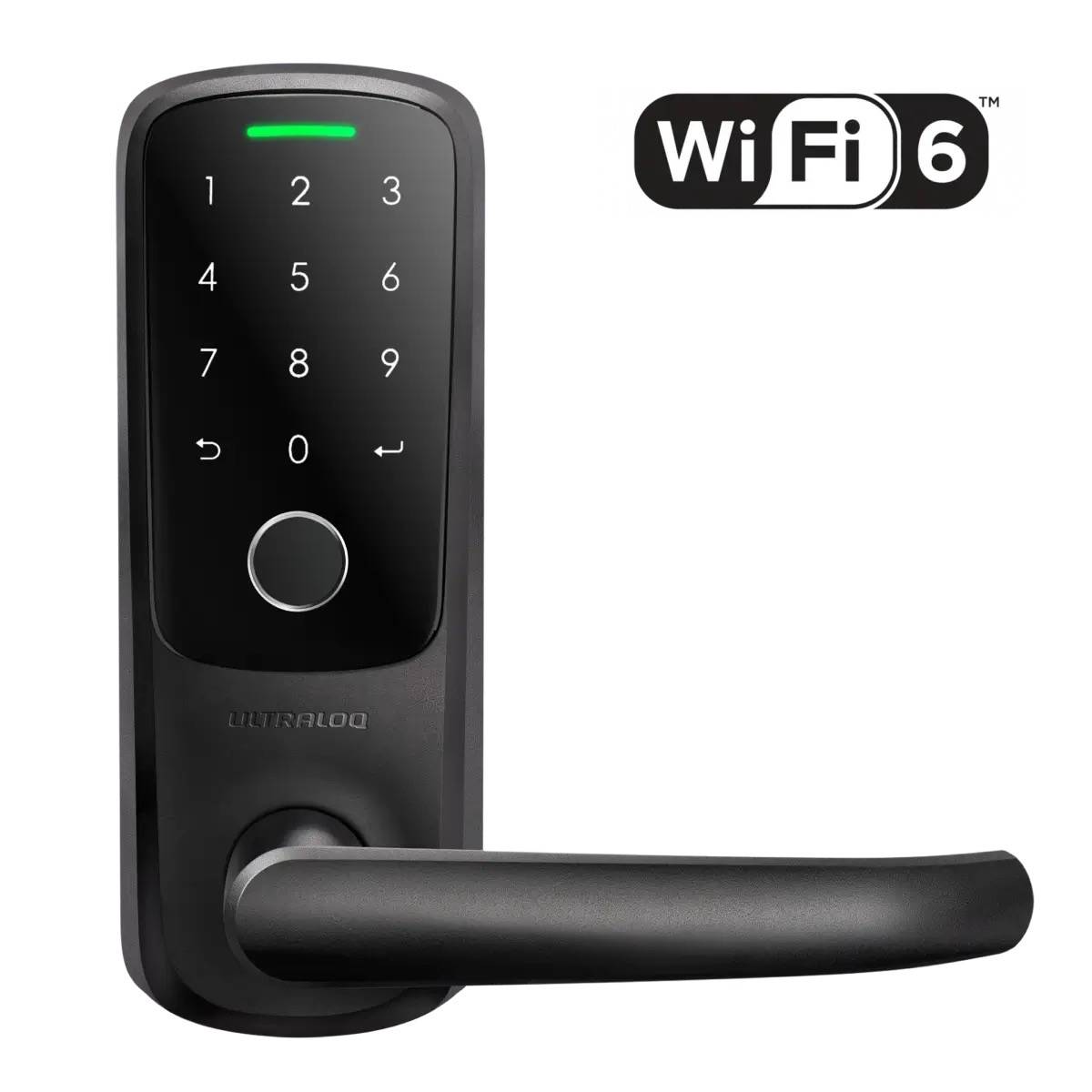 Ultraloq Latch 5 Fingerprint WiFi Smart Lock with biometric fingerprint sensor, touchscreen keypad, and lever handle for keyless door entry.