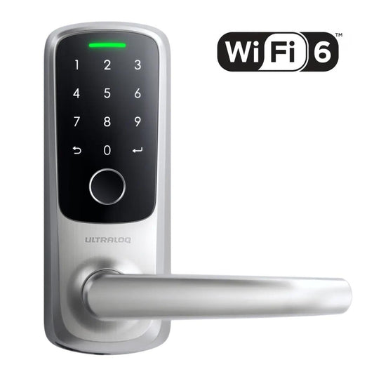 Ultraloq Latch 5 Fingerprint WiFi Smart Lock in silver – keyless entry door lock with biometric fingerprint, touchscreen keypad, smartphone app control, and WiFi 6 smart home integration.