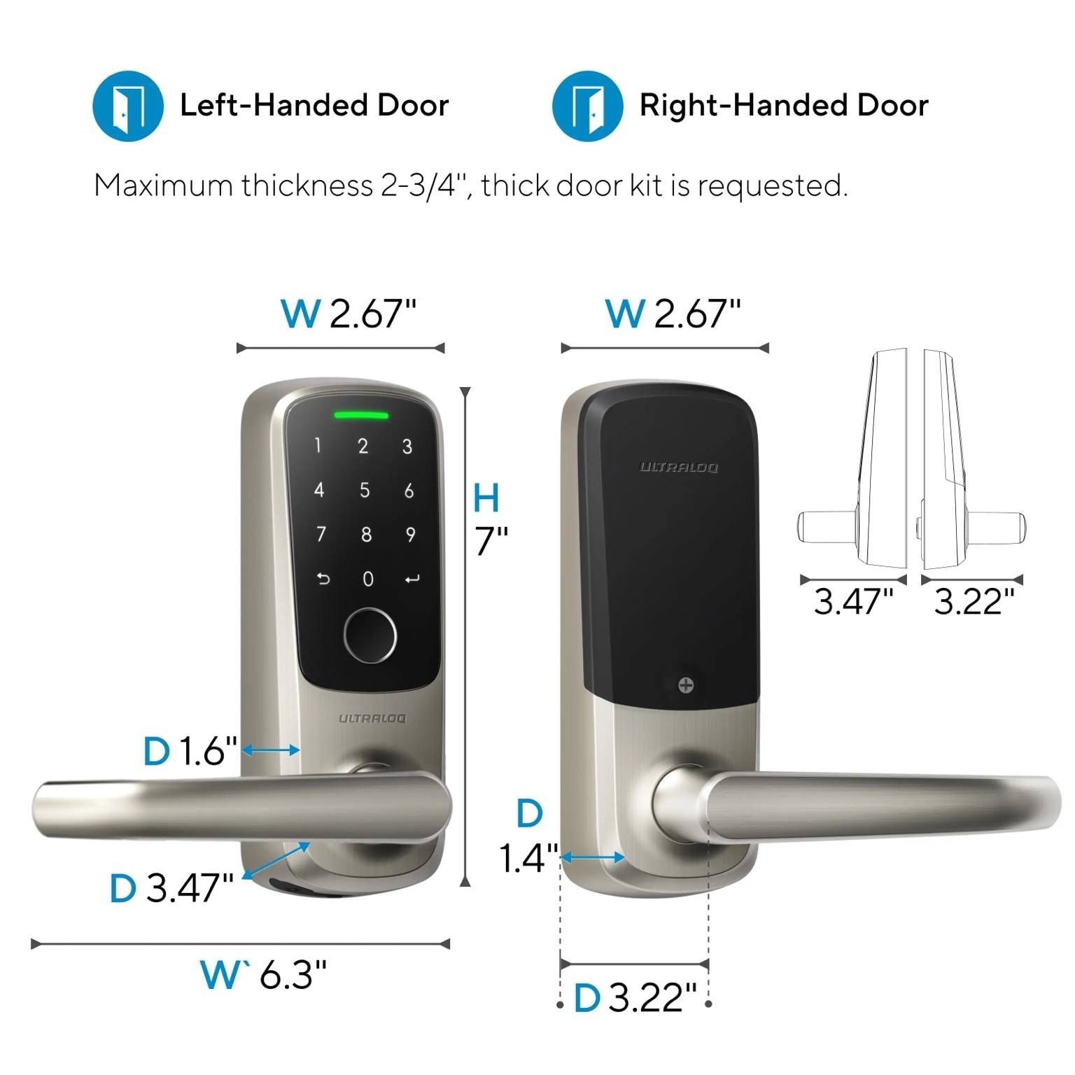 Ultraloq Latch 5 smart lever lock dimensions diagram showing width 2.67 inches, height 7 inches, depth 3.47 inches, and compatibility for left-handed or right-handed doors with maximum thickness 2-3/4 inches.