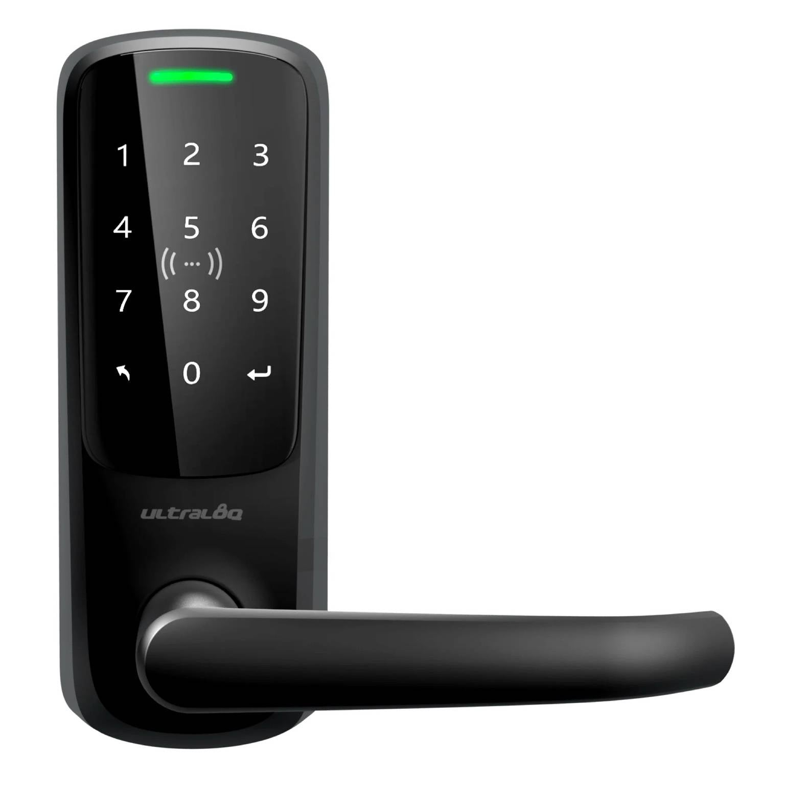 Ultraloq Latch 5 NFC Smart Lock in black finish – keyless door entry with built-in WiFi, NFC smartphone unlocking, and illuminated keypad for modern home security.