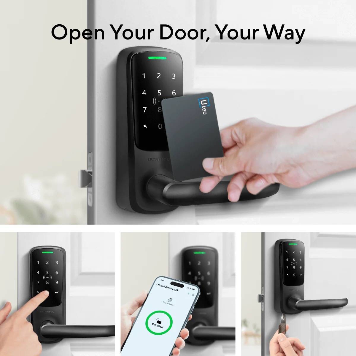 Ultraloq Latch 5 NFC Smart Lock – Keyless Door Entry with NFC Key Card, Smartphone App, Illuminated Keypad, and Backup Key Access.