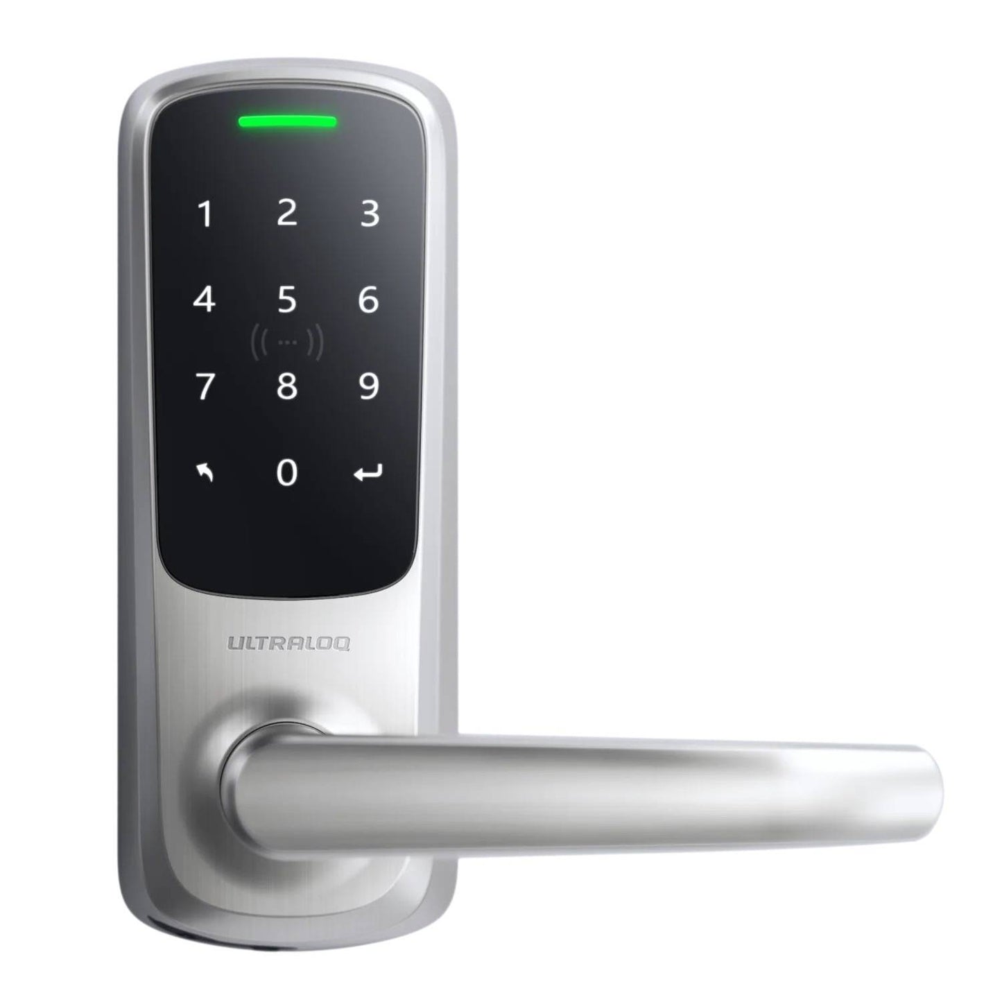 Ultraloq Latch 5 NFC Smart Lock in Silver Finish – Keyless Door Entry Lever with Built-In WiFi, NFC, Smartphone Control & Illuminated Keypad.