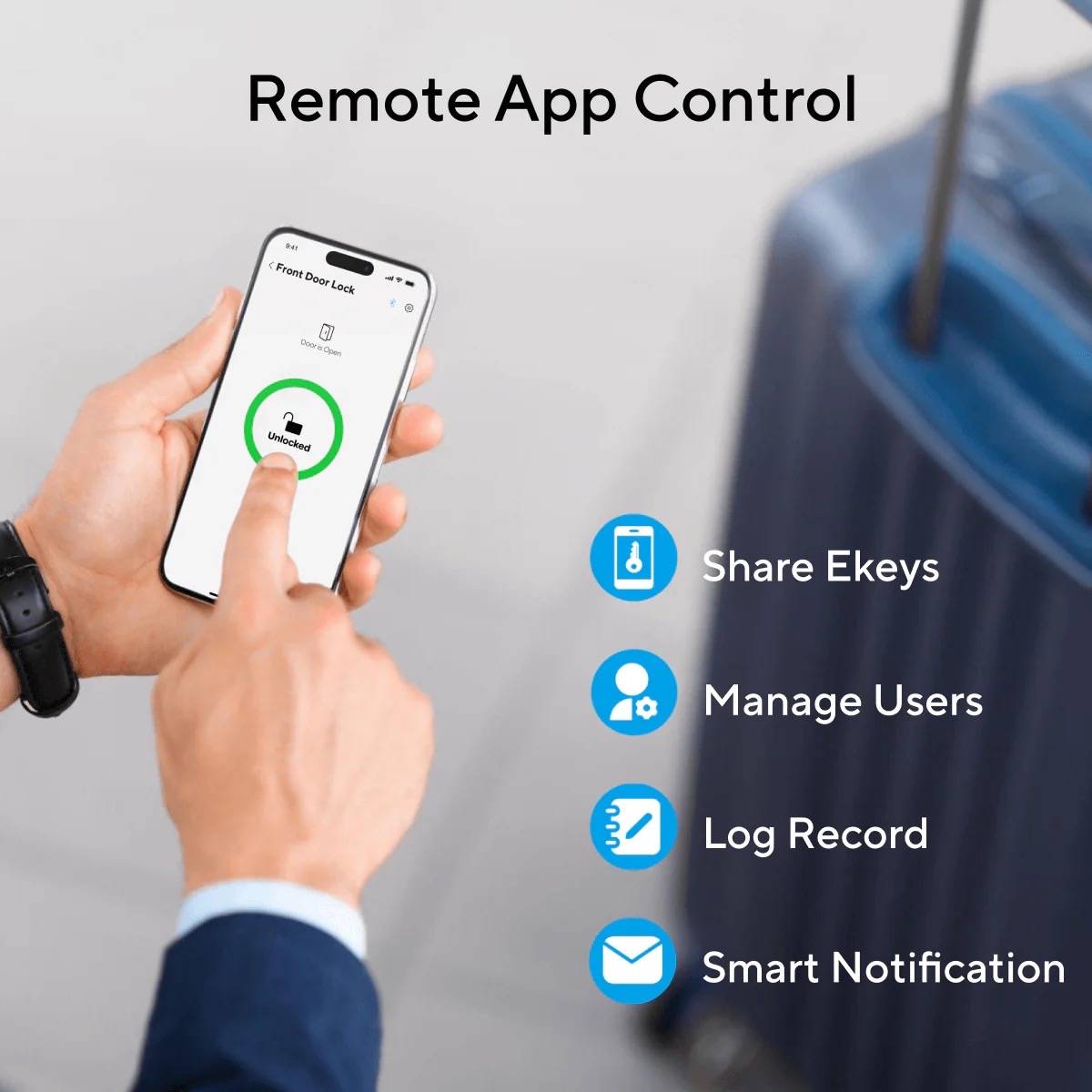 Ultraloq smart lock remote app control on smartphone – unlock door, share eKeys, manage users, view access logs, and receive smart notifications from anywhere.
