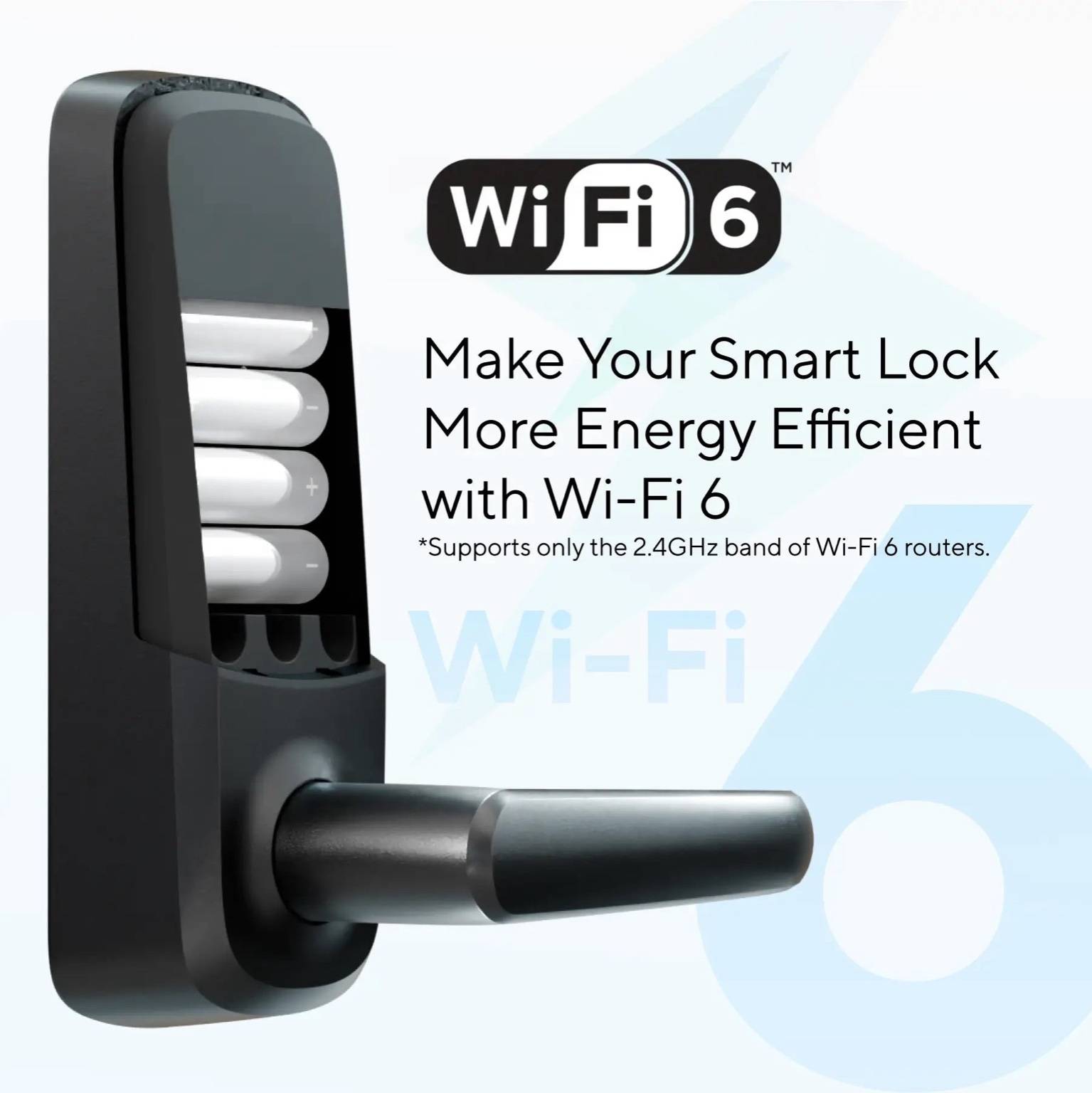 Ultraloq Latch 5 Smart Lock with Wi-Fi 6 technology for energy efficiency, 2.4GHz router support, and modern keyless entry design.