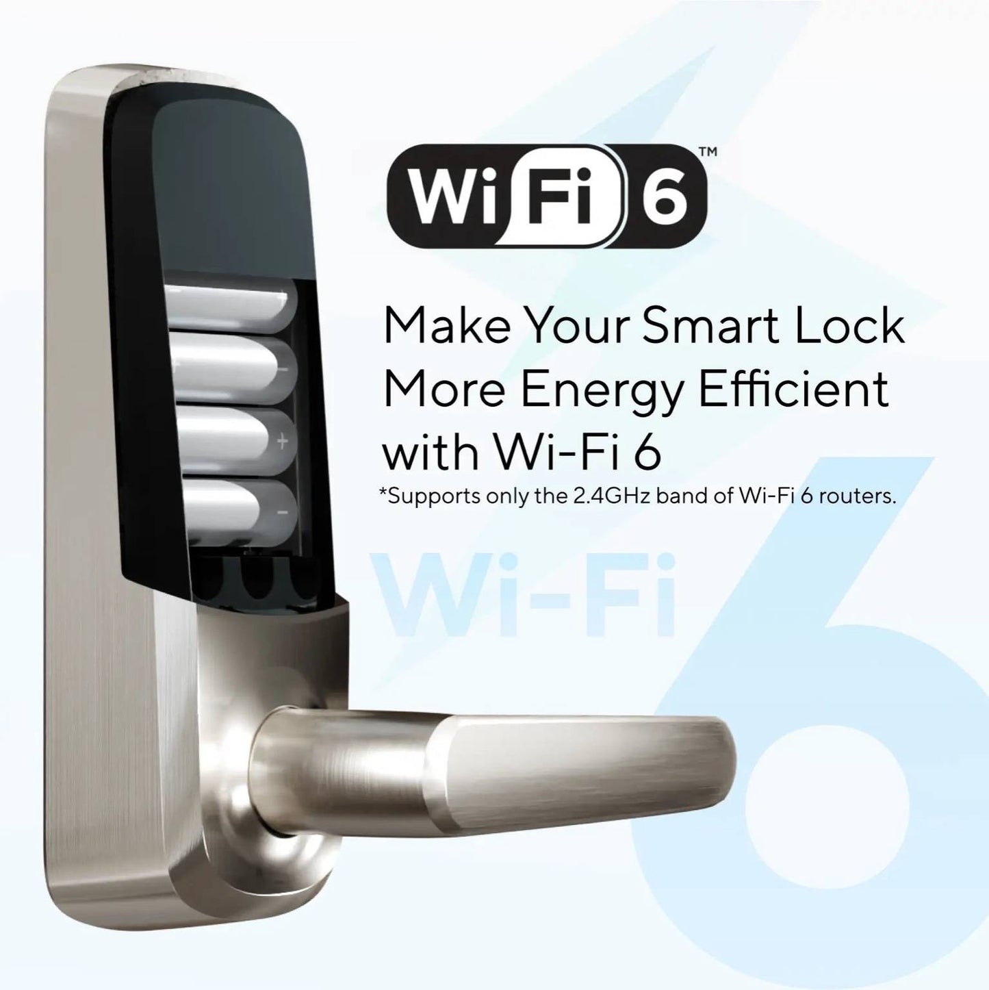 Ultraloq Latch 5 Fingerprint WiFi Smart Lock with sleek silver finish, Wi-Fi 6 energy-efficient connectivity, keyless door entry via fingerprint, keypad, and smartphone app.