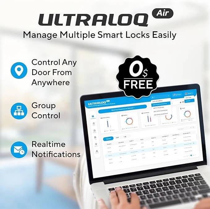 Ultraloq Air smart lock management dashboard on laptop – control multiple WiFi smart locks remotely with group control, real-time notifications, and free access.
