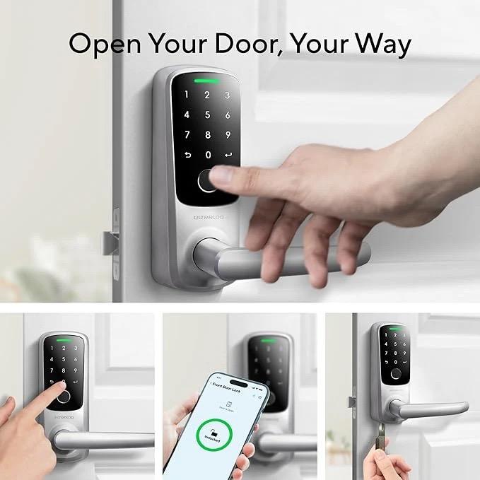 Ultraloq Latch 5 Fingerprint WiFi Smart Lock in silver showing keyless entry with fingerprint, smartphone app, keypad, and backup key.