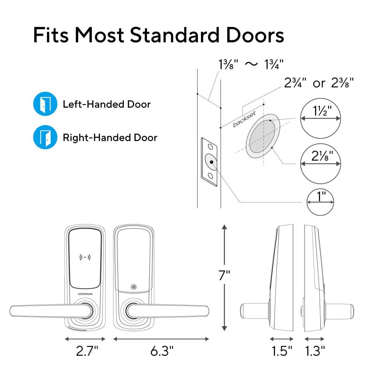 Ultraloq Latch 5 NFC Smart Lock dimensions and installation guide – fits most standard doors with left or right handle, adjustable backset, and detailed size measurements for easy setup.