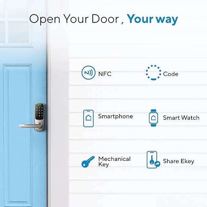 Ultraloq Latch 5 NFC Smart Lock – Keyless door entry with multiple unlock methods including NFC, passcode, smartphone, smartwatch, mechanical key, and eKey sharing for smart home security.