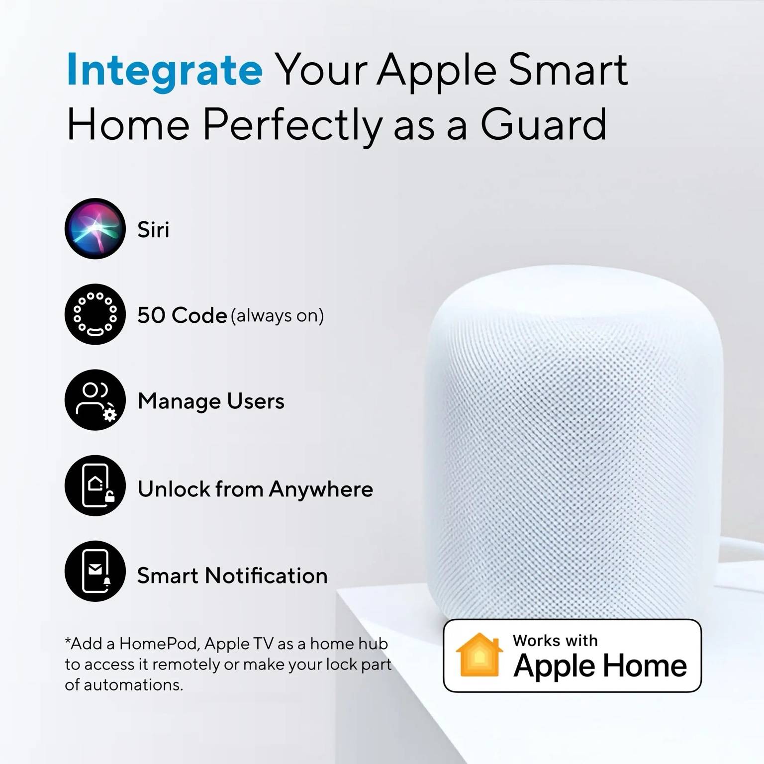 Ultraloq U-Bolt Fingerprint Smart Lock integration with Apple Home – compatible with Siri, HomePod, Apple TV, and smart notifications for remote access and user management.