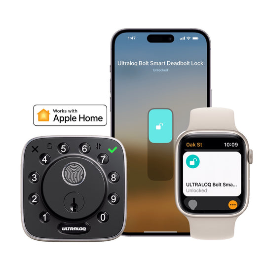 Ultraloq U-Bolt Fingerprint Smart Lock with WiFi and Bluetooth – Apple Home Key integration, biometric fingerprint ID, keyless entry deadbolt, shown with iPhone and Apple Watch compatibility.
