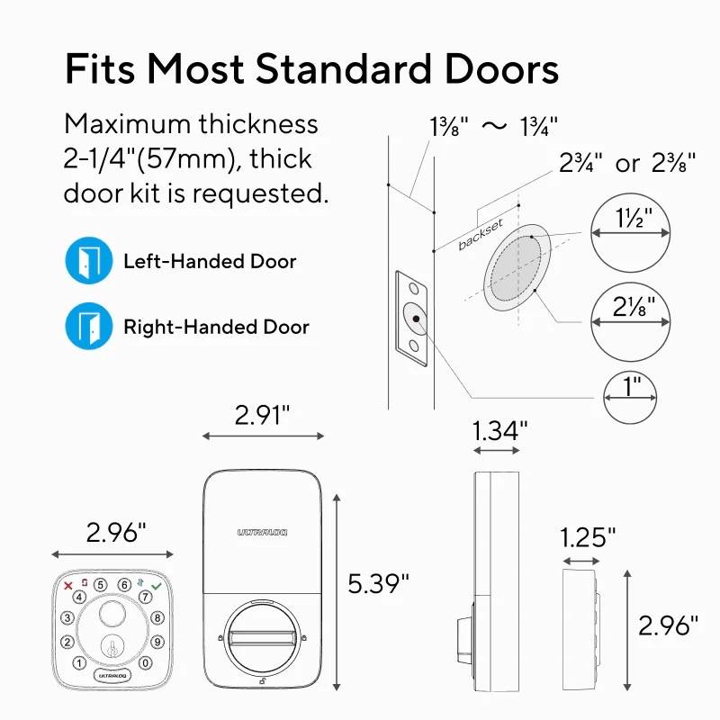 Ultraloq U-Bolt Fingerprint Smart Lock dimensions and compatibility diagram – fits most standard doors including left-handed and right-handed, with thickness up to 2-1/4 inches and backset options of 2-3/4 or 2-3/8 inches.