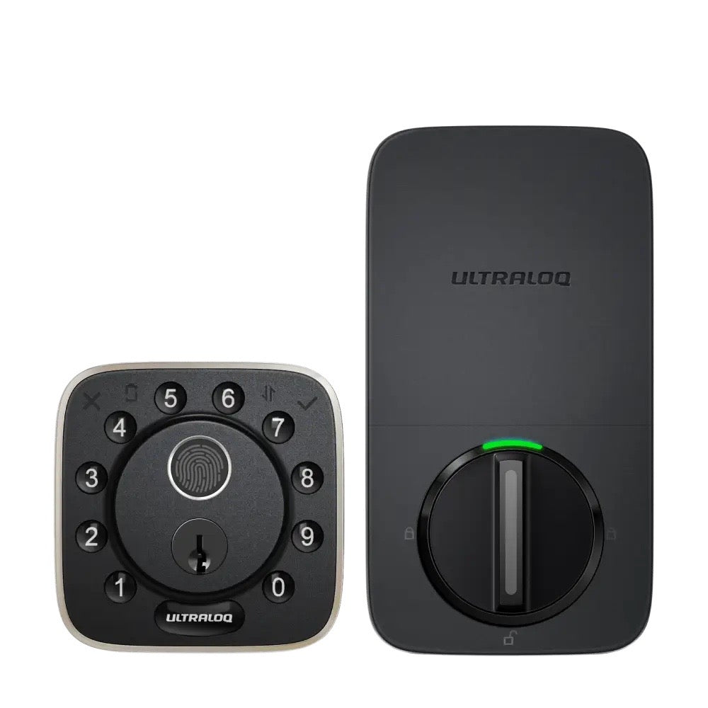 Ultraloq U-Bolt Fingerprint Smart Lock front keypad and back deadbolt – WiFi and Bluetooth keyless entry lock with Apple Home Key and biometric ID.