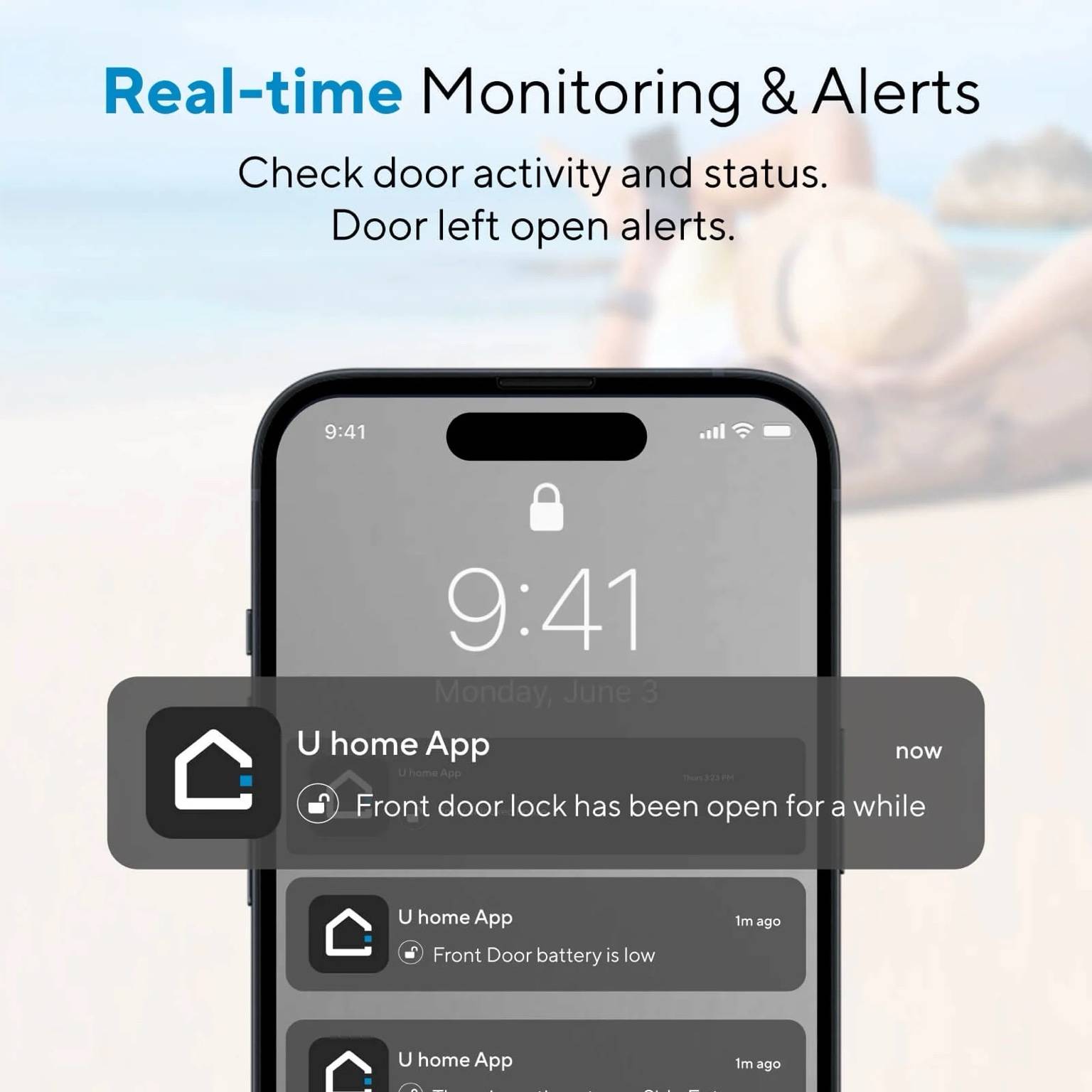 Ultraloq U-Bolt Fingerprint Smart Lock mobile app real-time monitoring and alerts showing door activity, open door alerts, and low battery notifications.