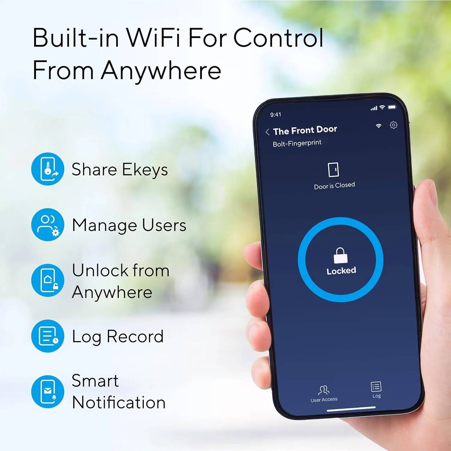Ultraloq U-Bolt Fingerprint Smart Lock mobile app showing built-in WiFi remote control features including share eKeys, manage users, unlock from anywhere, log record, and smart notifications.